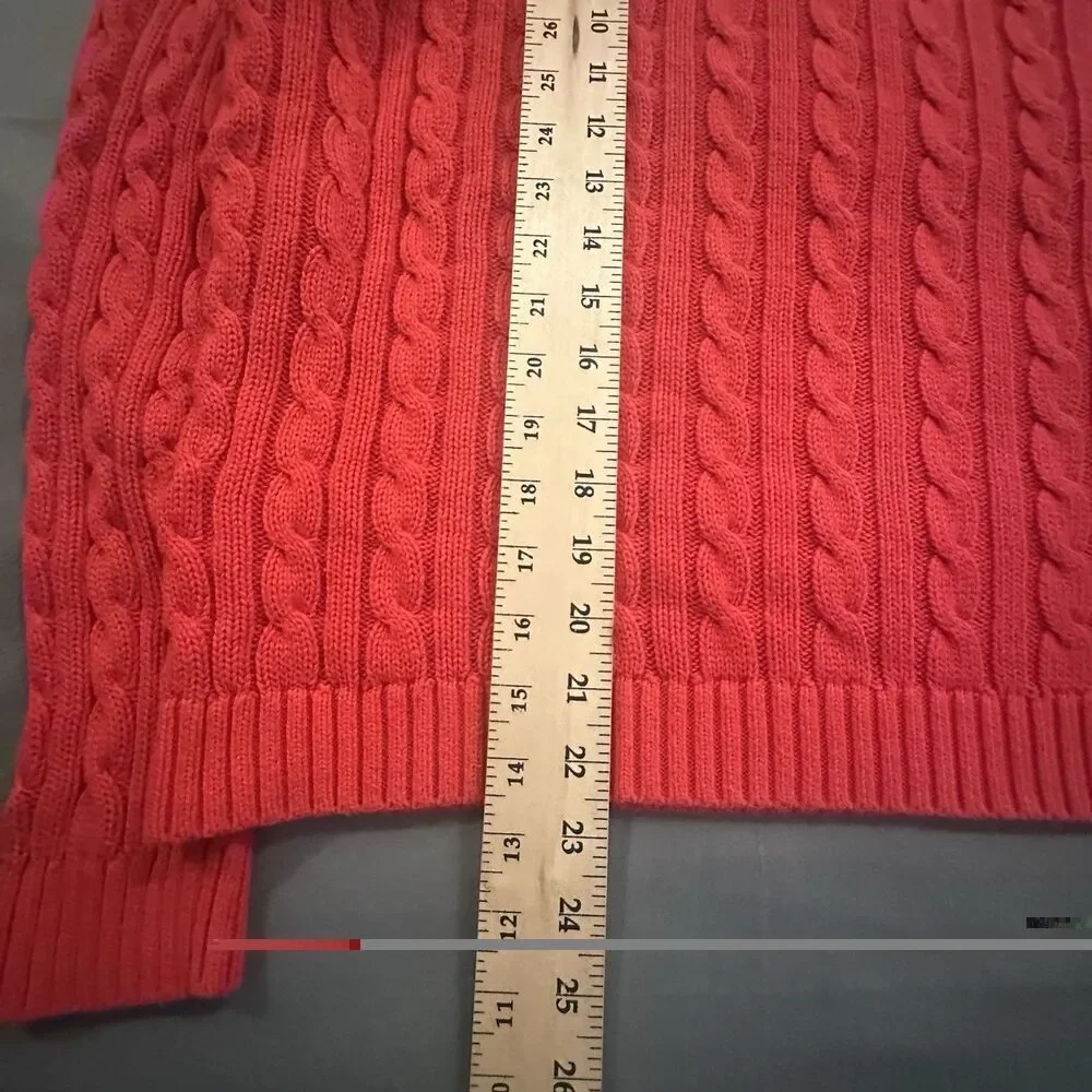 Lands End Cable Knit Sweater Cherry Red Womens XL Crewneck Shoulder Button
